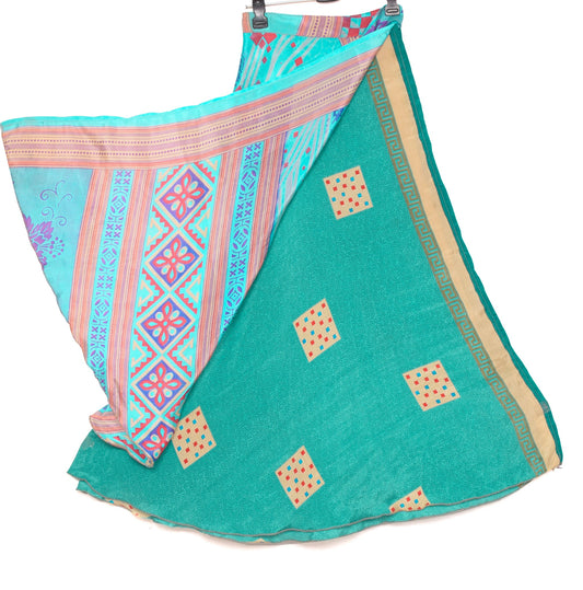 Sushila Vintage Aqua Green Art Silk Saree Magic Wrap Reversible Skirt Beach Dress