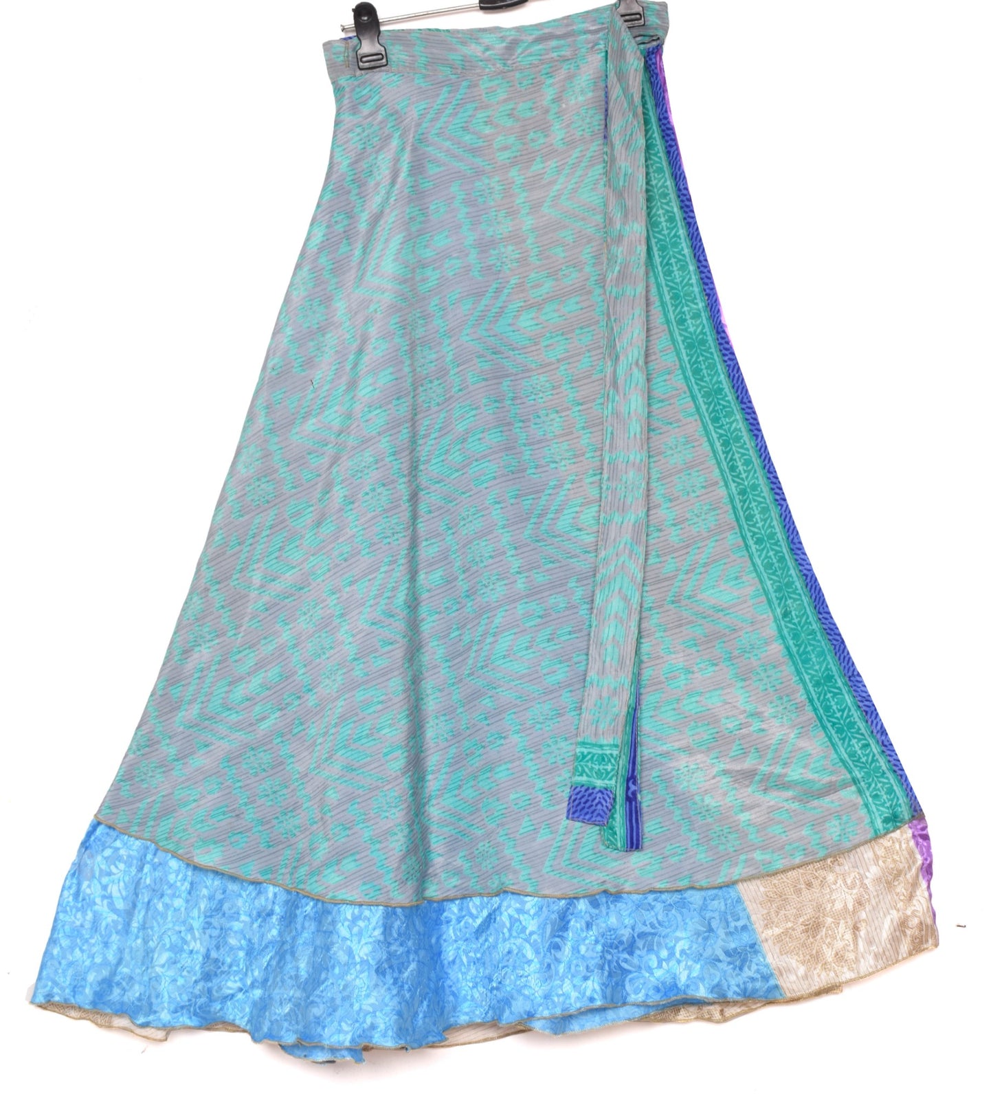 Sushila Vintage Art Silk Saree Gray Magic Wrap Reversible Skirt Floral Beach Dress