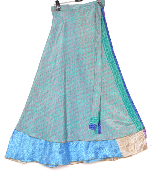 Sushila Vintage Art Silk Saree Gray Magic Wrap Reversible Skirt Floral Beach Dress