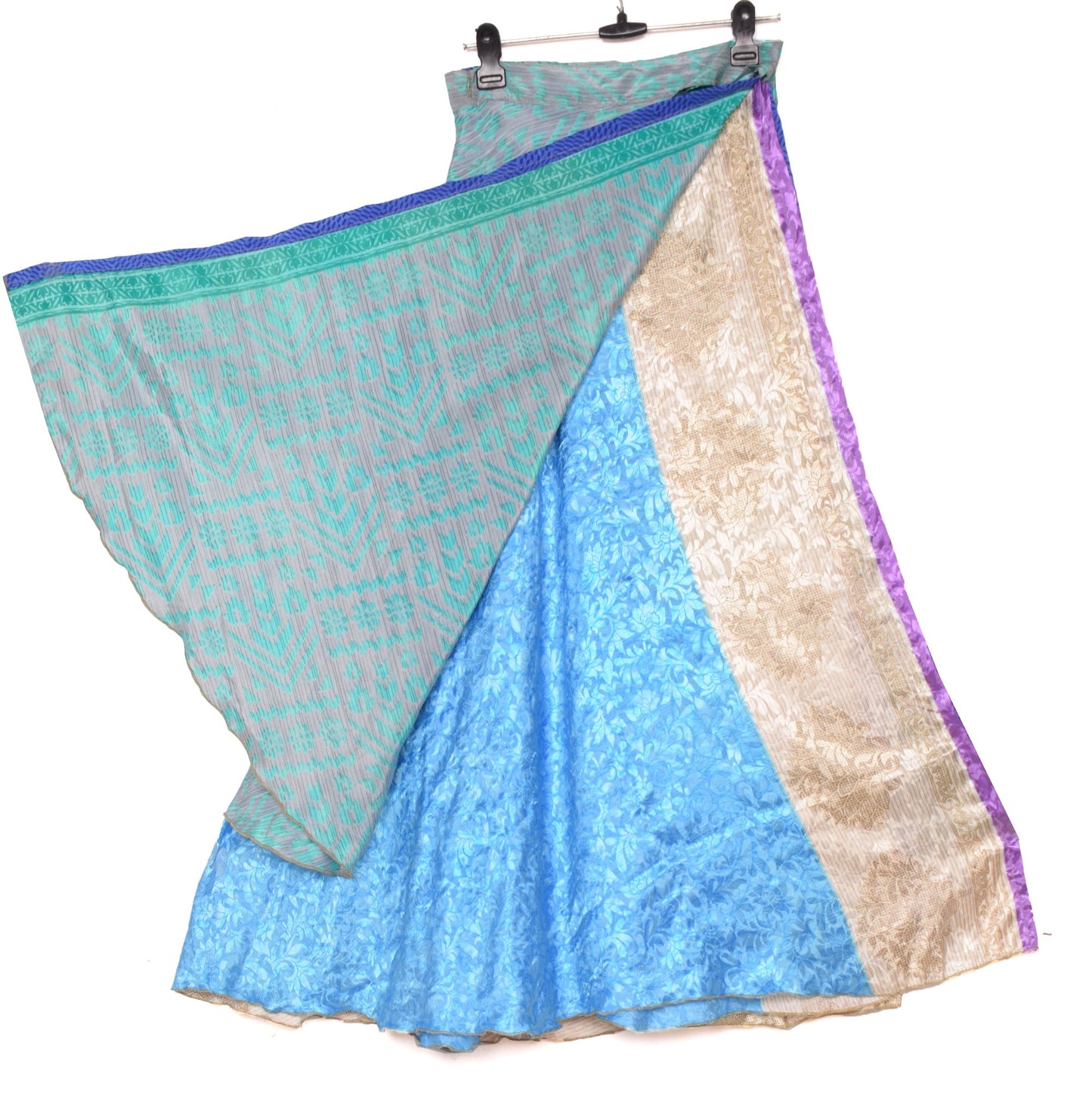 Sushila Vintage Art Silk Saree Gray Magic Wrap Reversible Skirt Floral Beach Dress