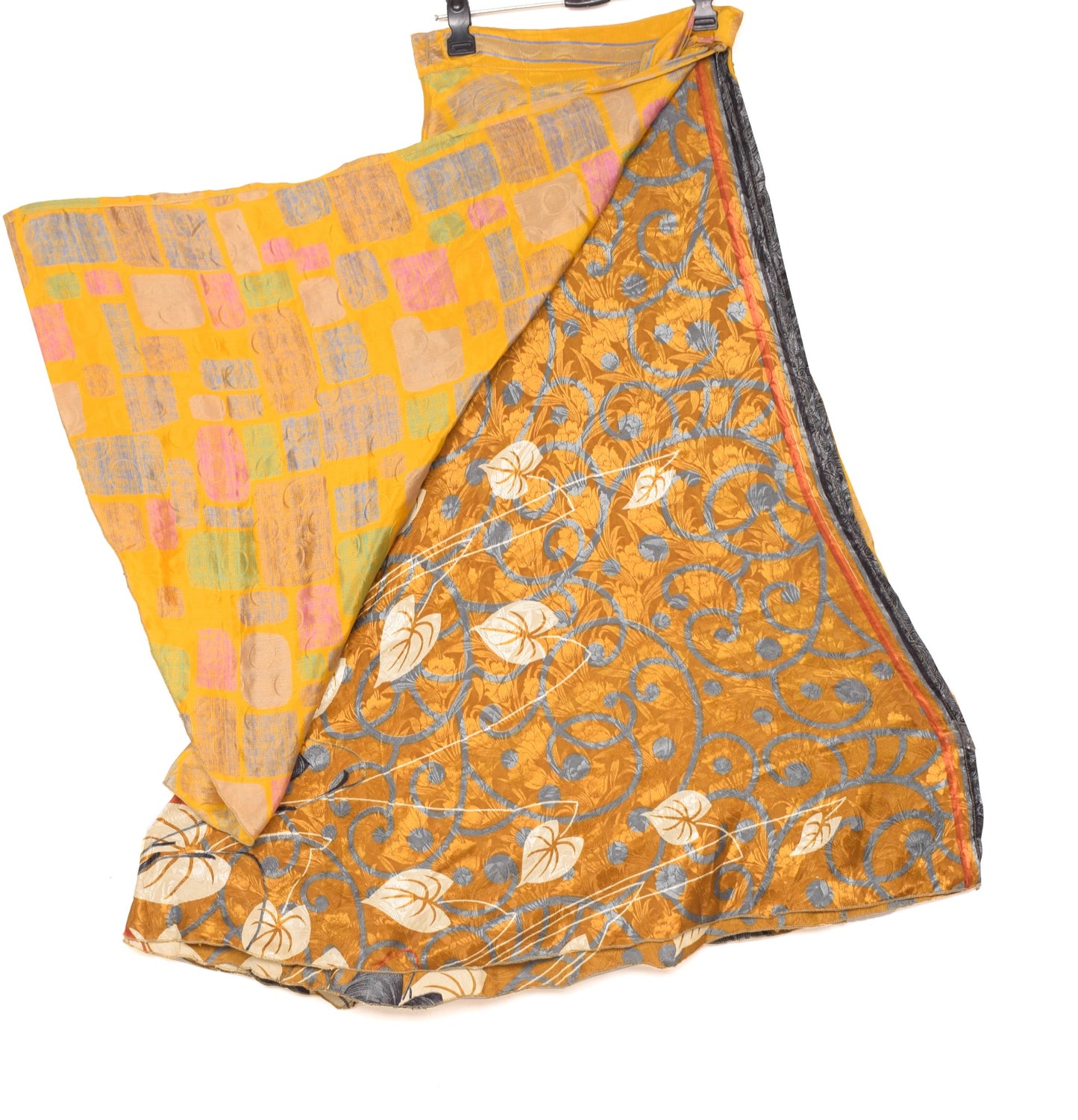 Sushila Vintage Brown Saree Magic Wrap Reversible Skirt Floral Art Silk Beach Dress