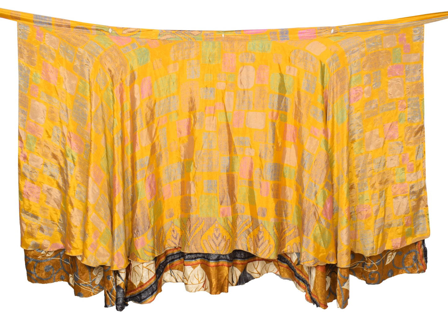 Sushila Vintage Brown Saree Magic Wrap Reversible Skirt Floral Art Silk Beach Dress