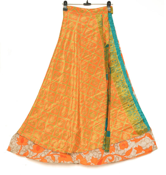 Sushila Vintage Orange Art Silk Saree Magic Wrap Reversible Skirt Beach Dress Hippie