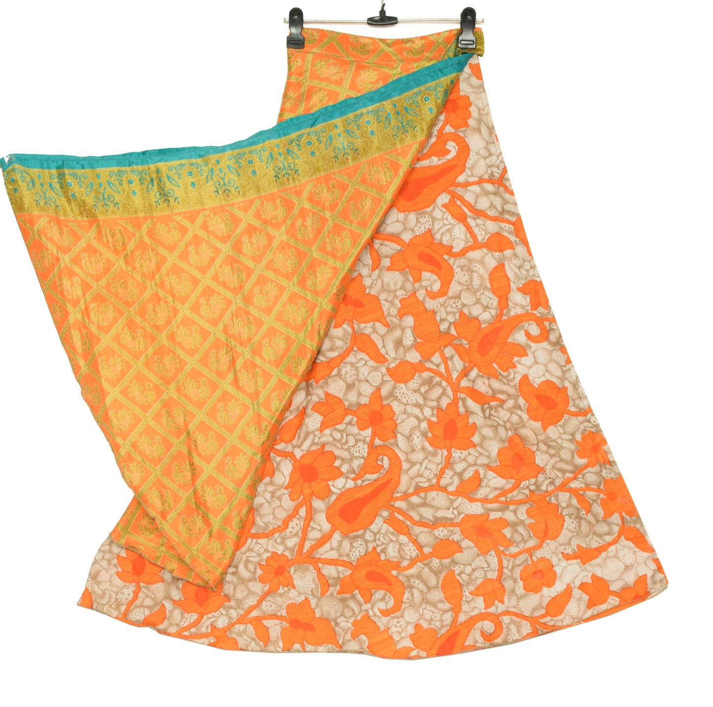 Sushila Vintage Orange Art Silk Saree Magic Wrap Reversible Skirt Beach Dress Hippie