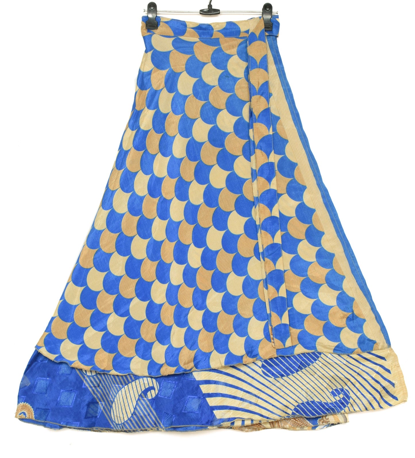 Sushila Vintage Cream Blue Saree Magic Wrap Reversible Skirt Art Silk Beach Dress