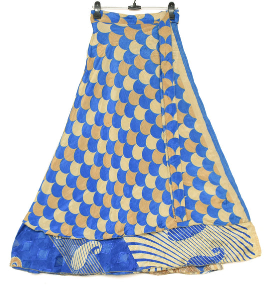 Sushila Vintage Cream Blue Saree Magic Wrap Reversible Skirt Art Silk Beach Dress