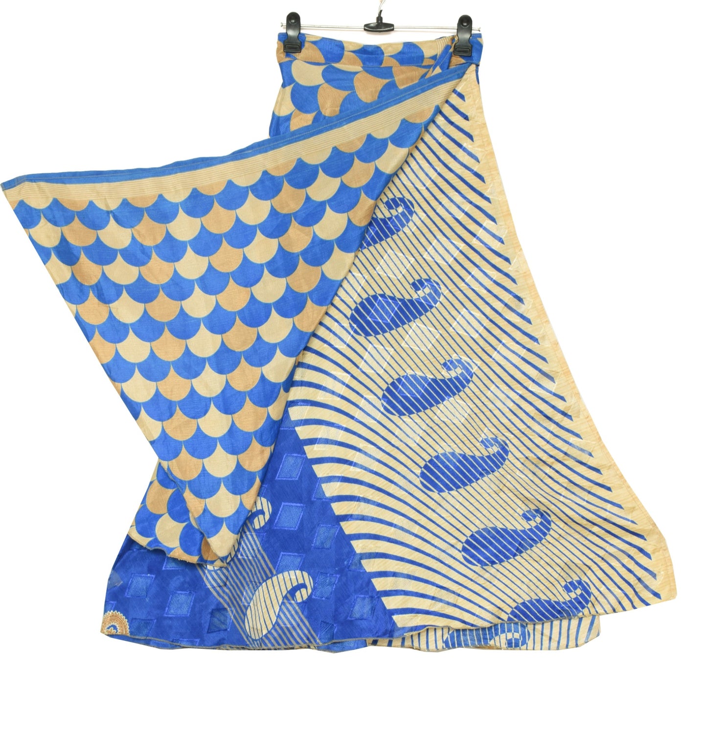 Sushila Vintage Cream Blue Saree Magic Wrap Reversible Skirt Art Silk Beach Dress