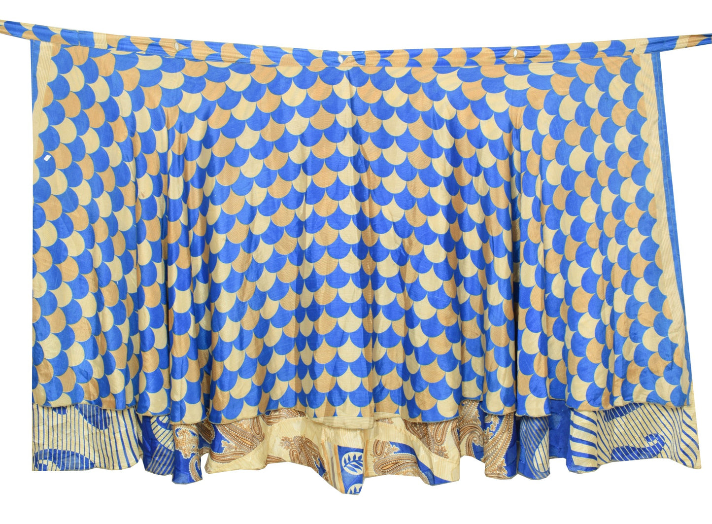 Sushila Vintage Cream Blue Saree Magic Wrap Reversible Skirt Art Silk Beach Dress