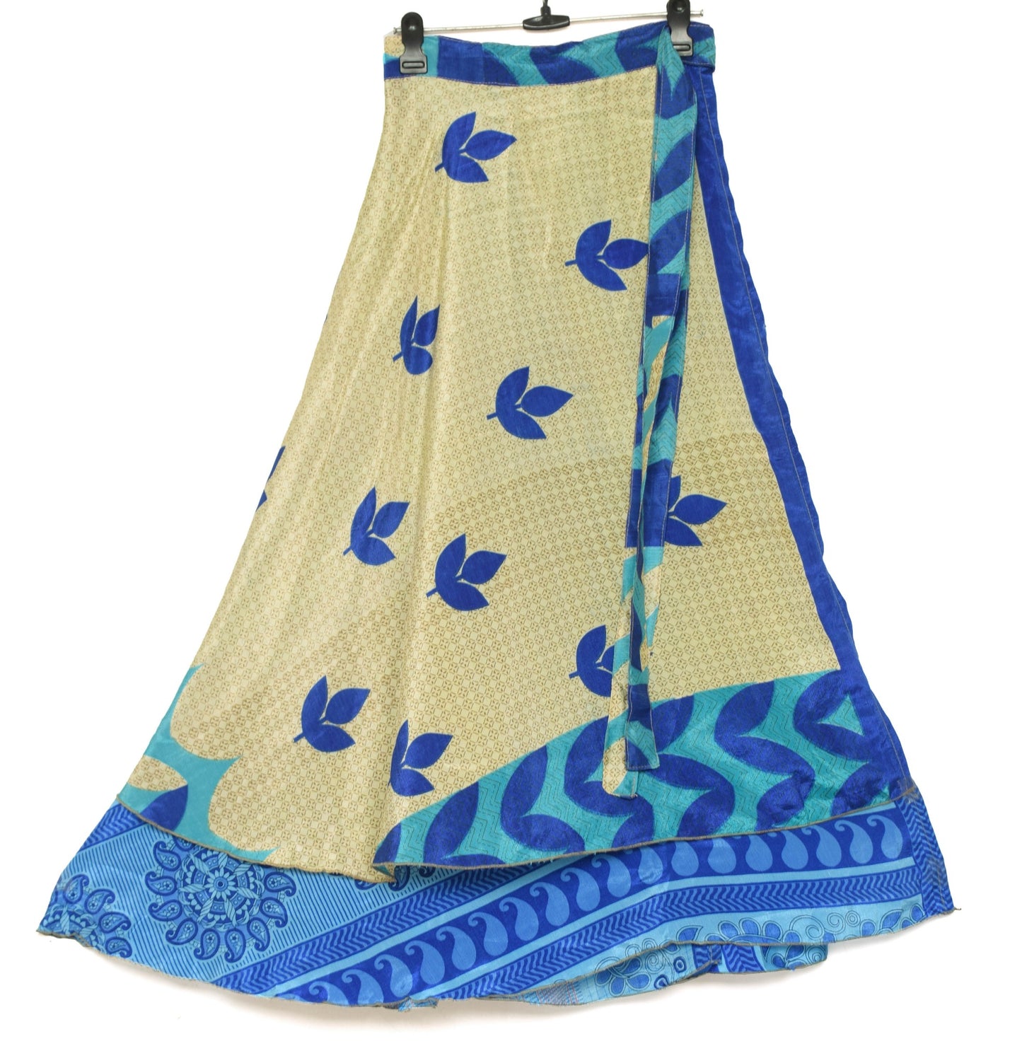 Sushila Vintage Aqua Blue Saree Magic Wrap Reversible Skirt Art Silk Beach Dress