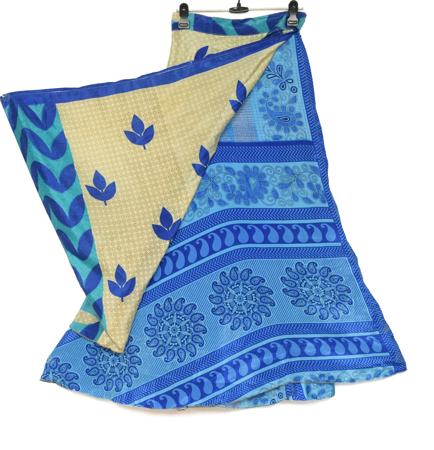 Sushila Vintage Aqua Blue Saree Magic Wrap Reversible Skirt Art Silk Beach Dress