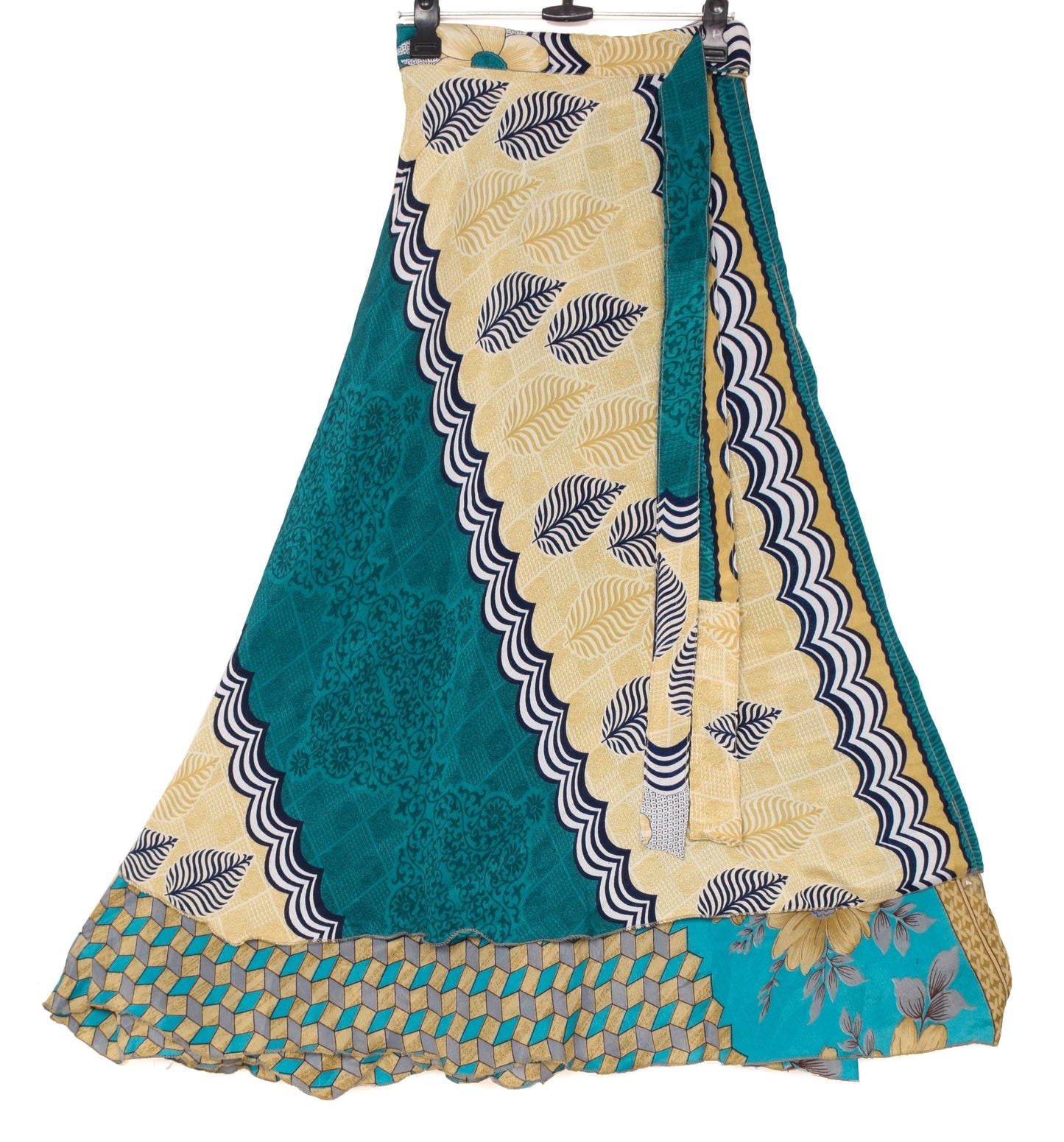 Sushila Vintage Geometrical Art Silk Saree Magic Wrap Reversible Skirt Beach Dress