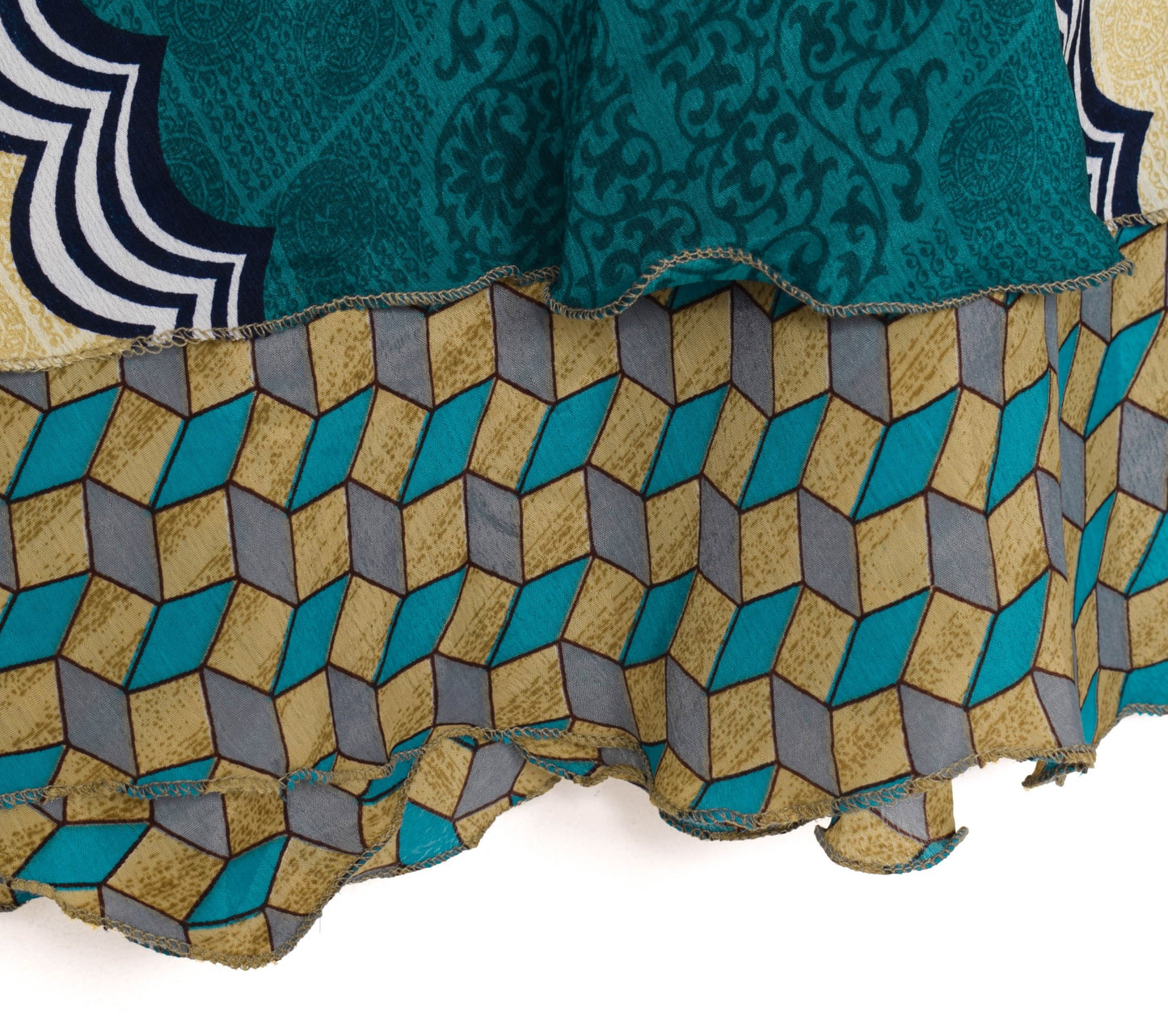 Sushila Vintage Geometrical Art Silk Saree Magic Wrap Reversible Skirt Beach Dress