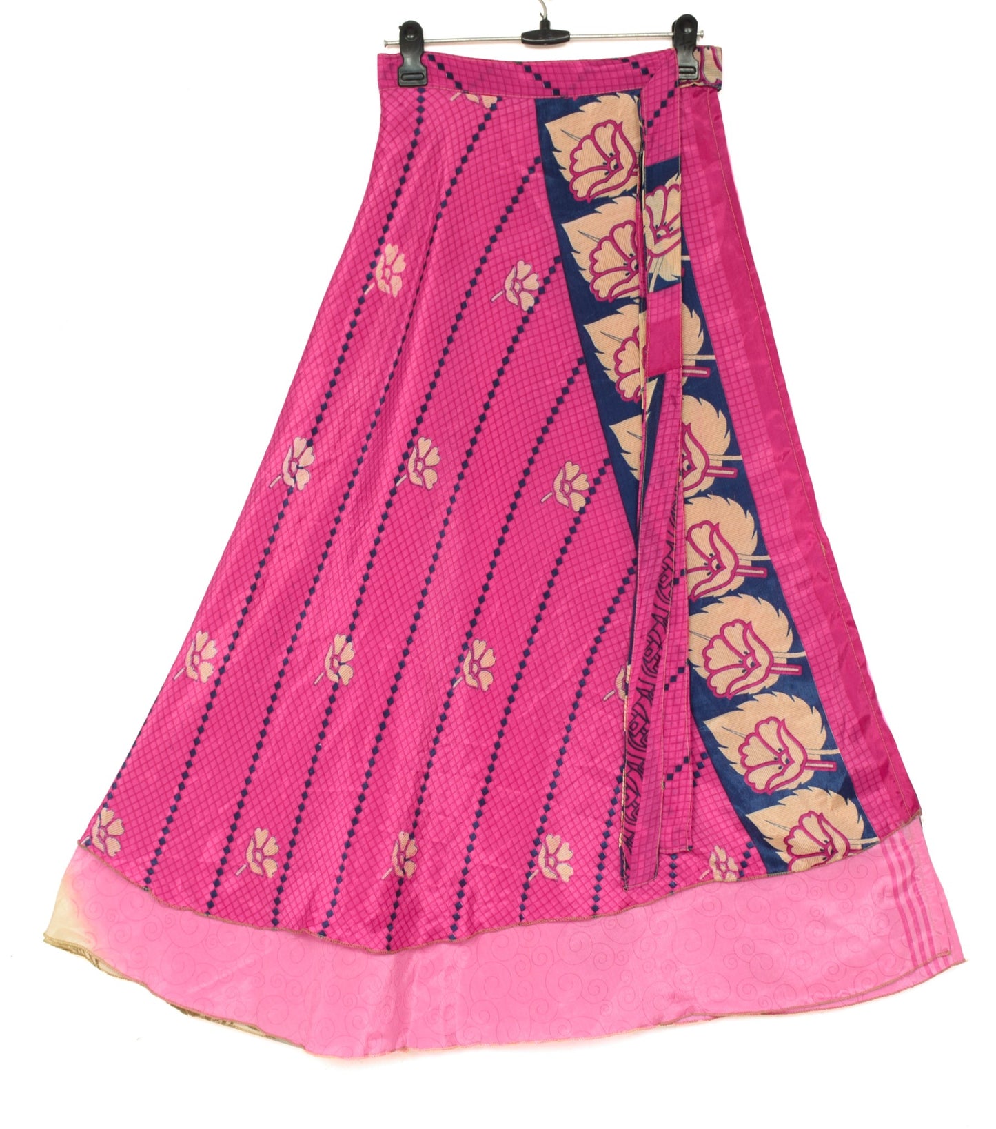 Sushila Vintage Pink Art Silk Saree Magic Wrap Reversible Skirt Beach Dress Hippie