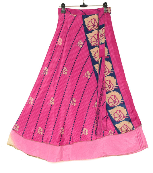 Sushila Vintage Pink Art Silk Saree Magic Wrap Reversible Skirt Beach Dress Hippie