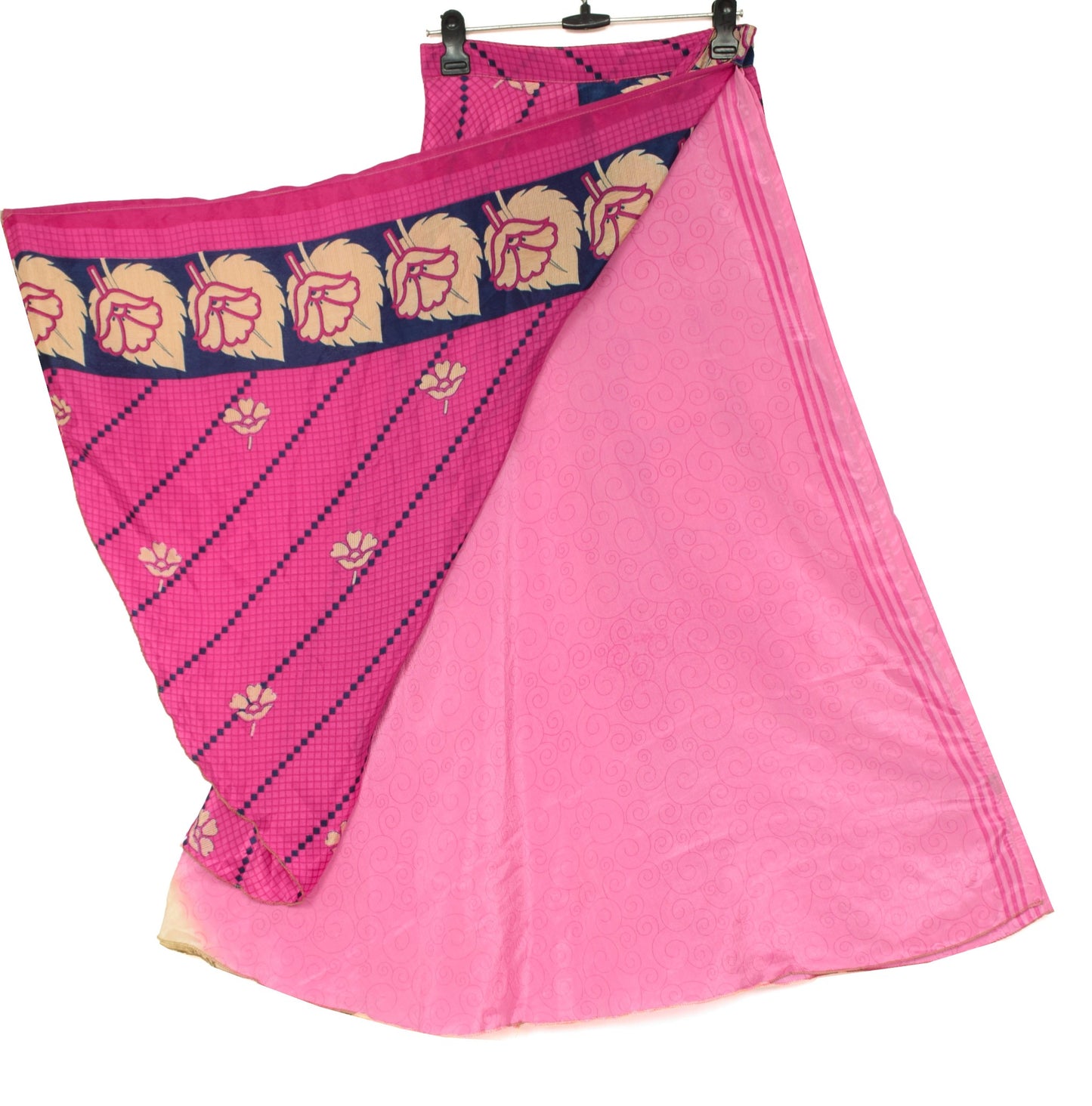 Sushila Vintage Pink Art Silk Saree Magic Wrap Reversible Skirt Beach Dress Hippie