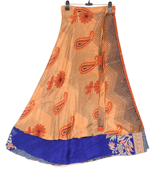 Sushila Vintage Blue Art Silk Saree Magic Wrap Reversible Skirt Floral Beach Dress