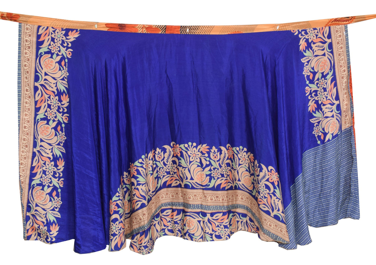 Sushila Vintage Blue Art Silk Saree Magic Wrap Reversible Skirt Floral Beach Dress