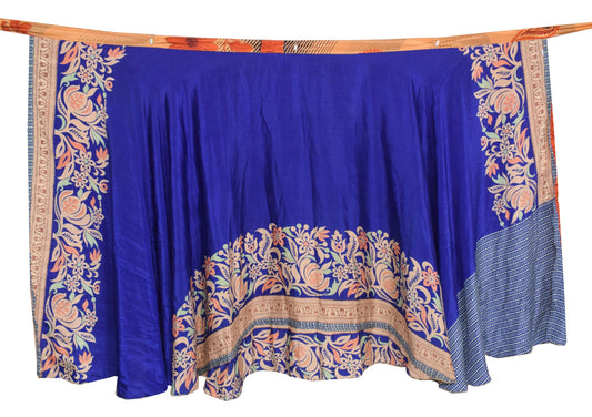 Sushila Vintage Blue Art Silk Saree Magic Wrap Reversible Skirt Floral Beach Dress