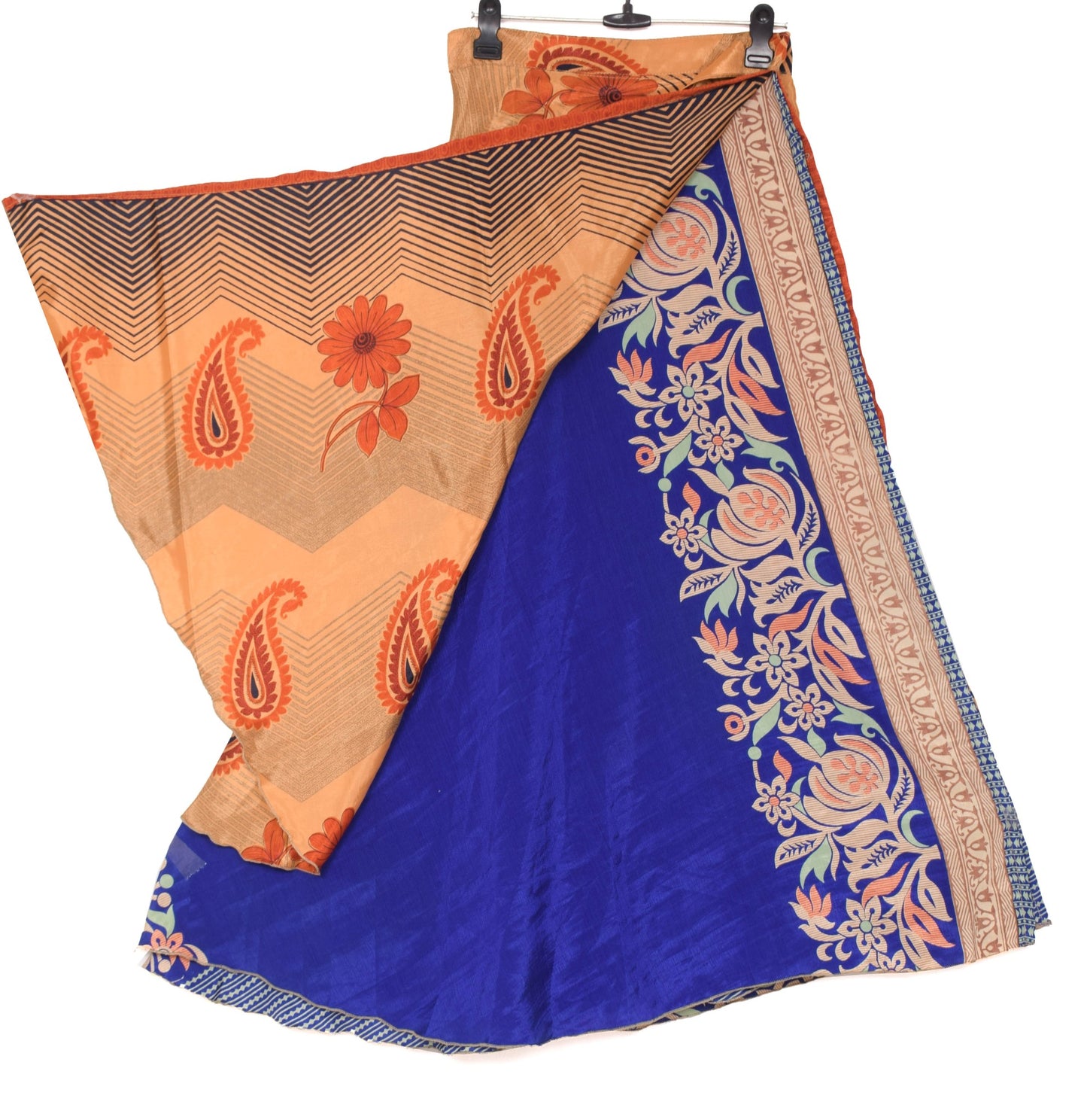 Sushila Vintage Blue Art Silk Saree Magic Wrap Reversible Skirt Floral Beach Dress