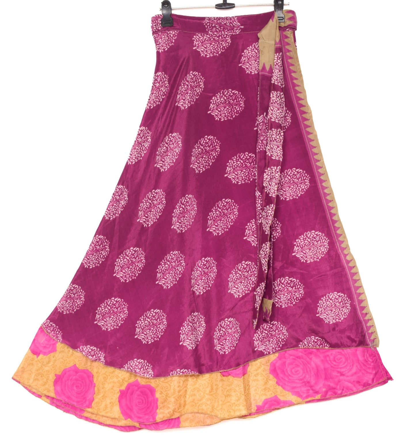 Sushila Vintage Floral Pink Saree Magic Wrap Reversible Art Silk Skirt Beach Dress