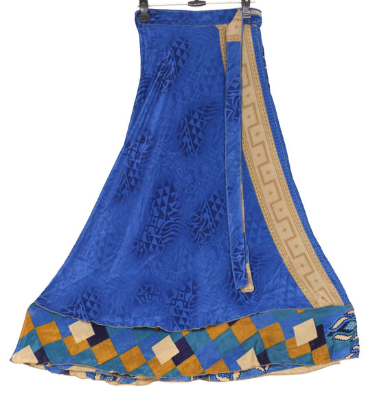Sushila Vintage Blue Saree Magic Wrap Reversible Skirt Art Silk 2 Layer Beach Dress