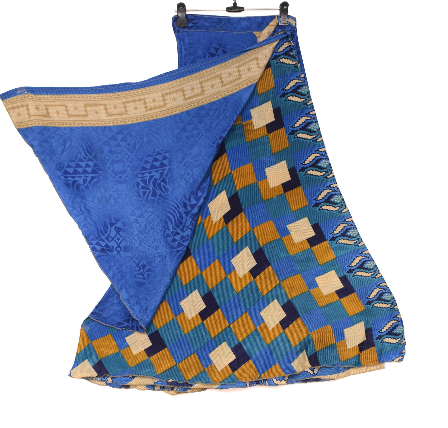 Sushila Vintage Blue Saree Magic Wrap Reversible Skirt Art Silk 2 Layer Beach Dress