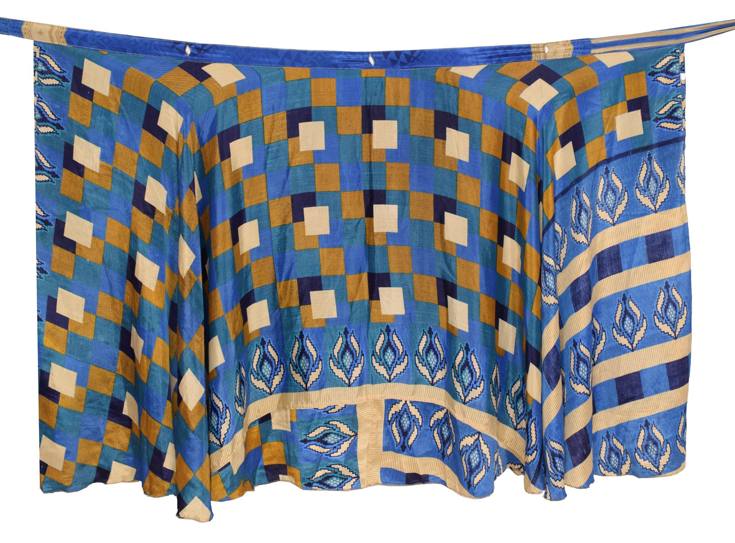 Sushila Vintage Blue Saree Magic Wrap Reversible Skirt Art Silk 2 Layer Beach Dress