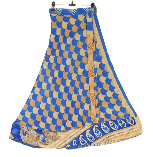 Sushila Vintage Cream Blue Art Silk Saree Magic Wrap Reversible Skirt Beach Dress