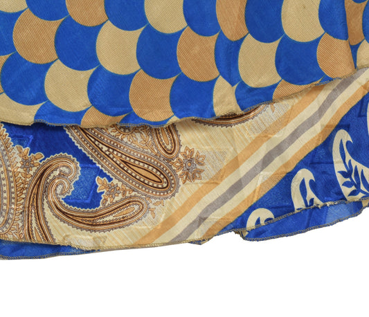 Sushila Vintage Cream Blue Art Silk Saree Magic Wrap Reversible Skirt Beach Dress