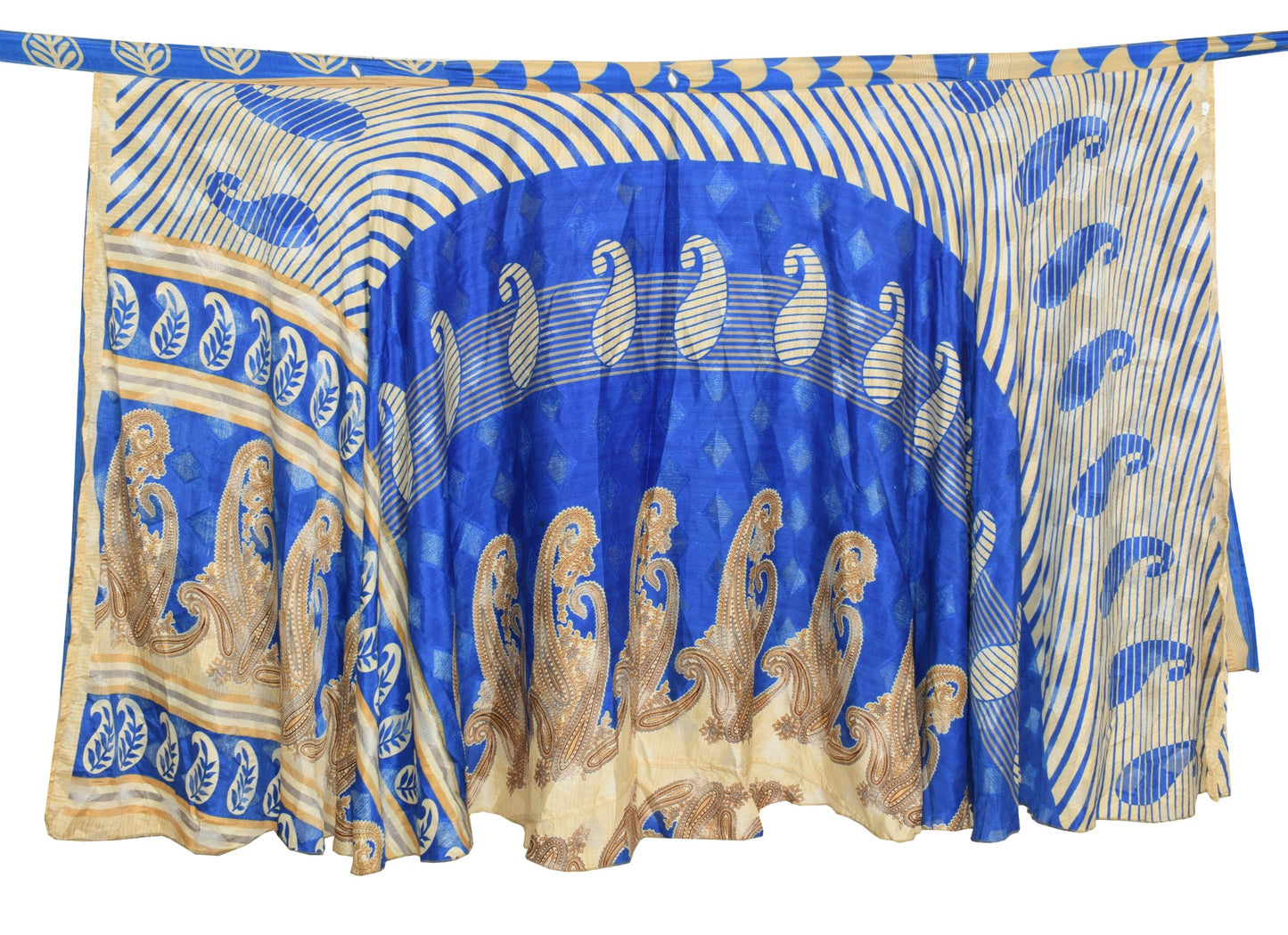 Sushila Vintage Cream Blue Art Silk Saree Magic Wrap Reversible Skirt Beach Dress