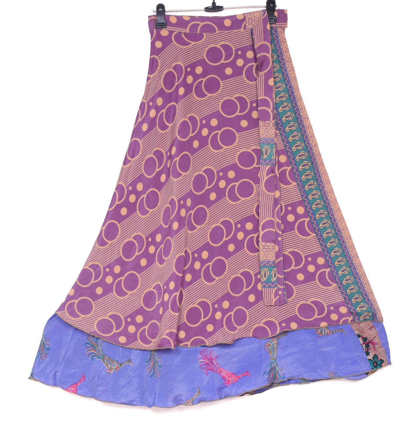 Sushila Vintage Art Silk Saree Magic Wrap Bird Printed Reversible Skirt Beach Dress