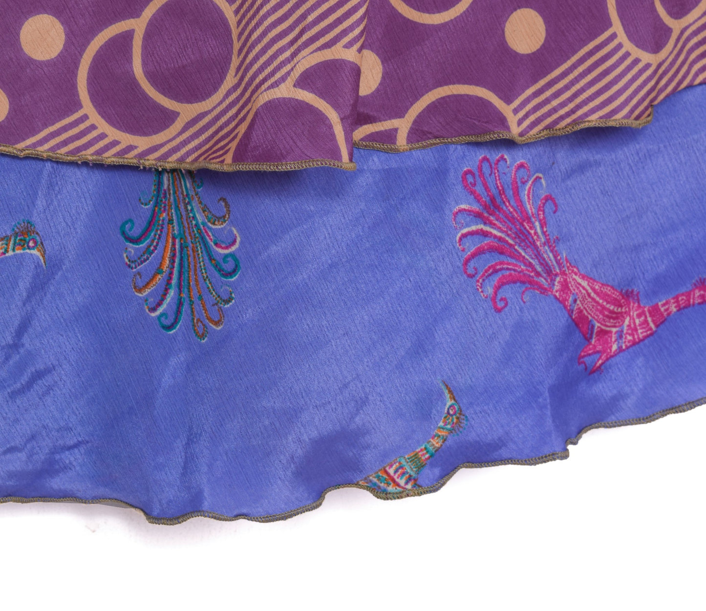 Sushila Vintage Art Silk Saree Magic Wrap Bird Printed Reversible Skirt Beach Dress