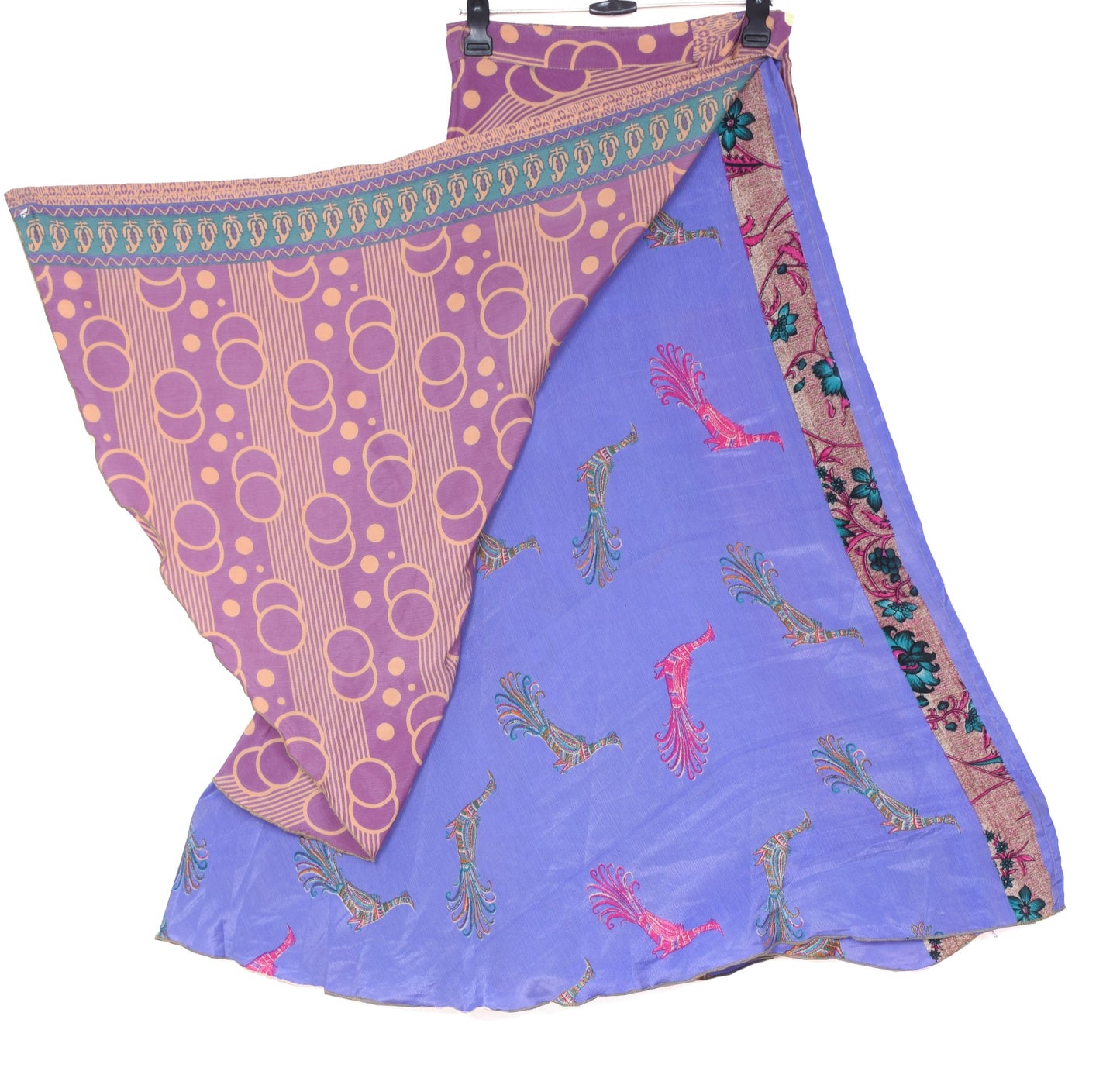 Sushila Vintage Art Silk Saree Magic Wrap Bird Printed Reversible Skirt Beach Dress
