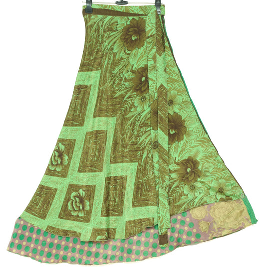 Sushila Vintage Green Art Silk Saree Magic Wrap Reversible Skirt Floral Beach Dress