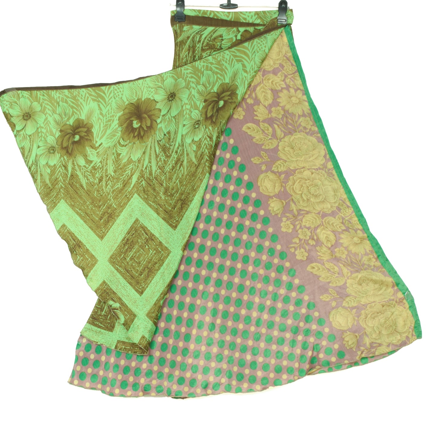 Sushila Vintage Green Art Silk Saree Magic Wrap Reversible Skirt Floral Beach Dress