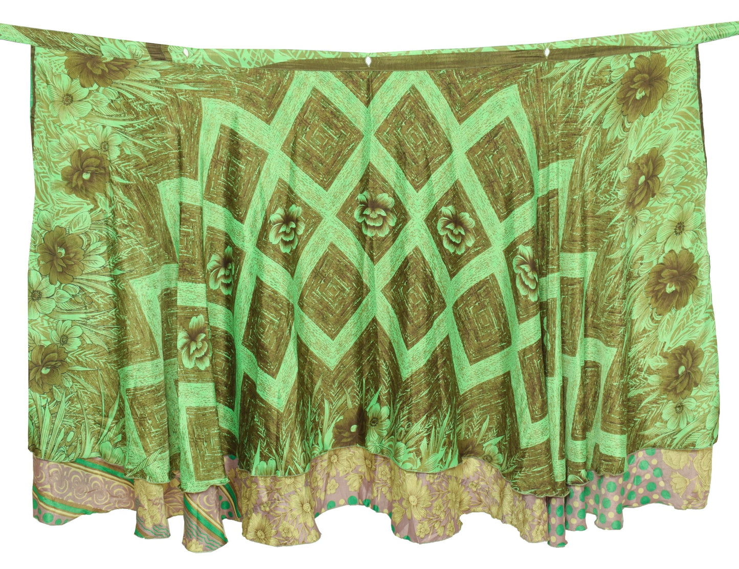 Sushila Vintage Green Art Silk Saree Magic Wrap Reversible Skirt Floral Beach Dress