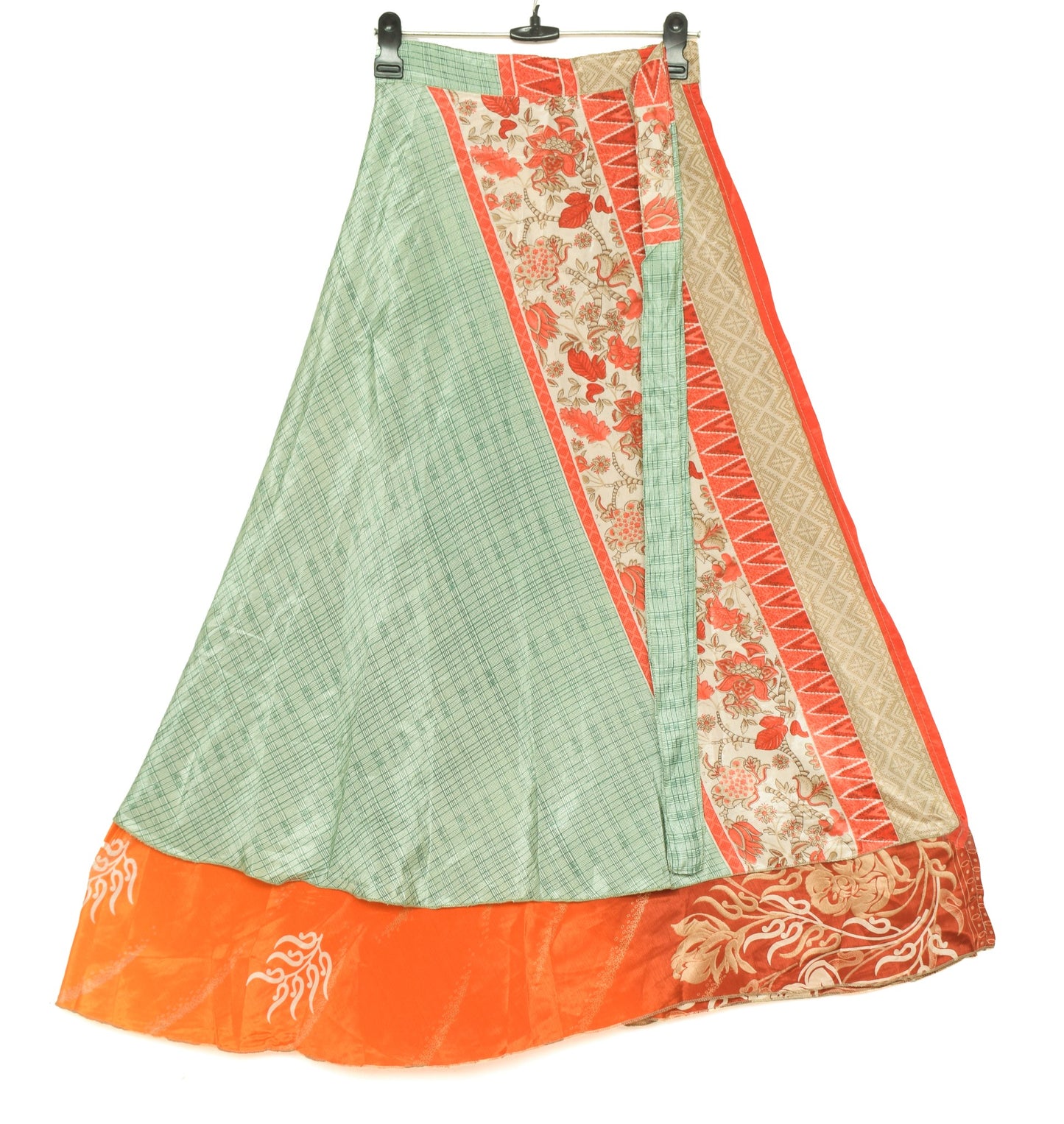 Sushila Vintage Green Saree Magic Wrap Reversible Skirt Orange Art Silk Beach Dress