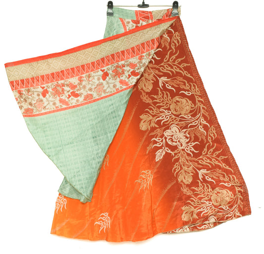 Sushila Vintage Green Saree Magic Wrap Reversible Skirt Orange Art Silk Beach Dress