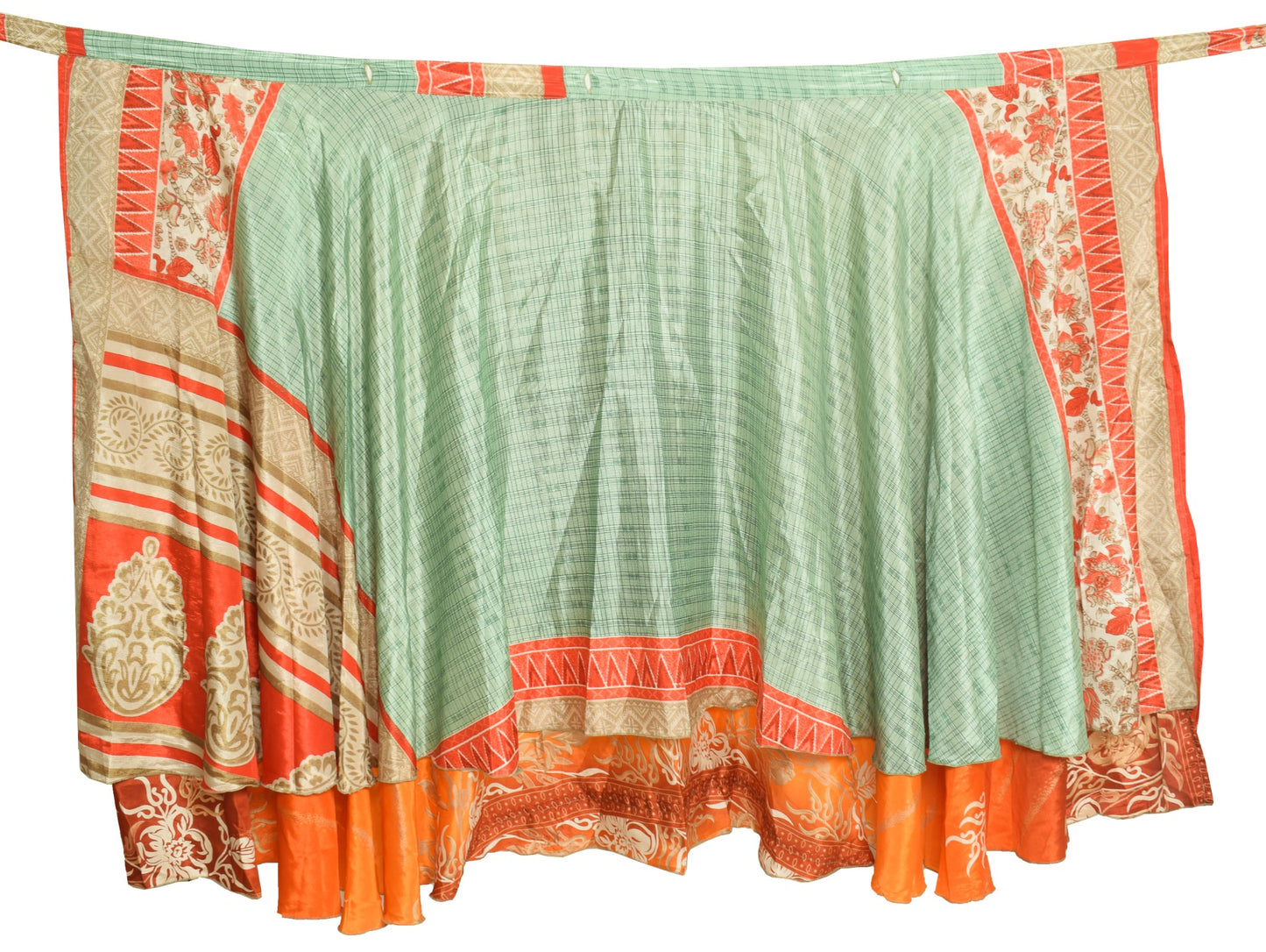 Sushila Vintage Green Saree Magic Wrap Reversible Skirt Orange Art Silk Beach Dress
