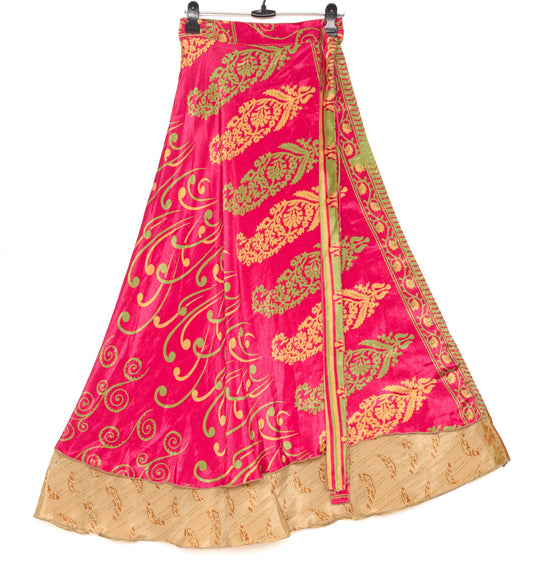 Sushila Vintage Magenta Saree Magic Wrap Reversible Skirt Beach Art Silk Dress Boho