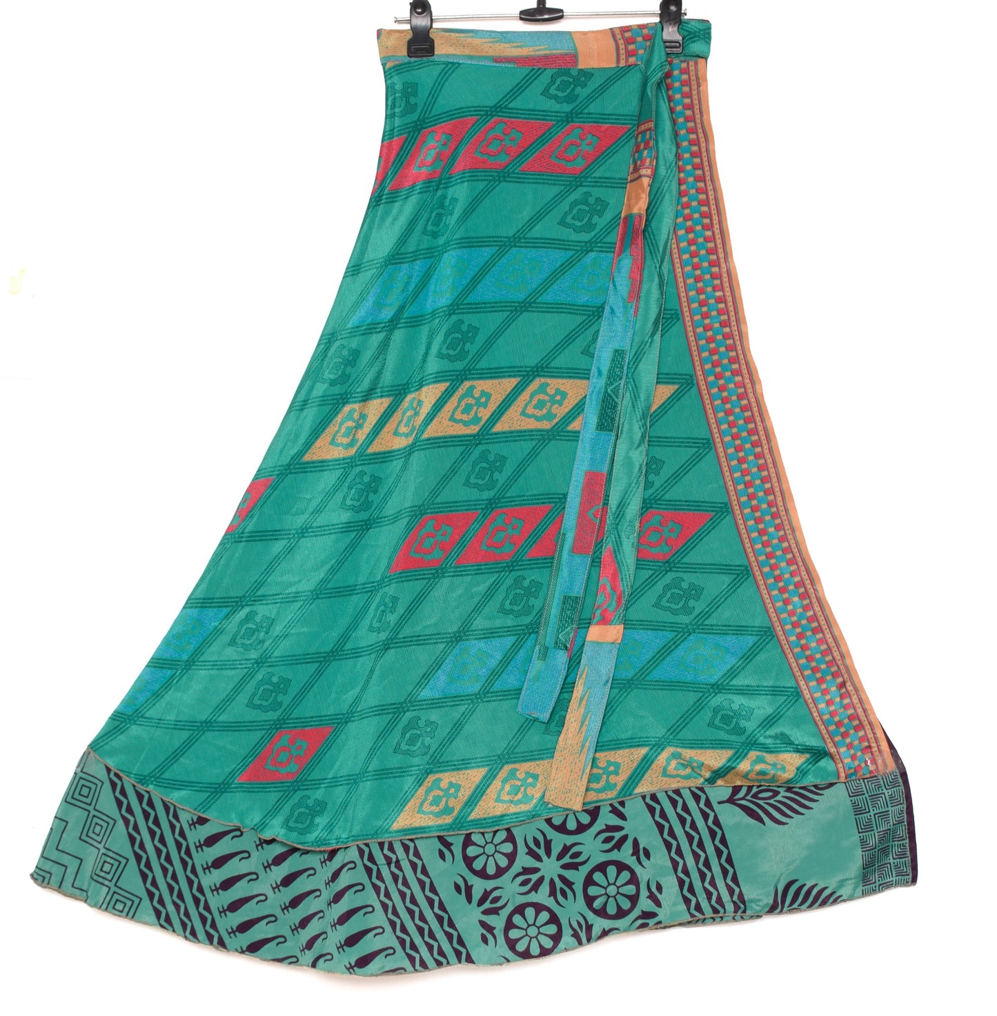 Sushila Vintage Teal Green Saree Magic Wrap Reversible Art Silk Skirt Beach Dress