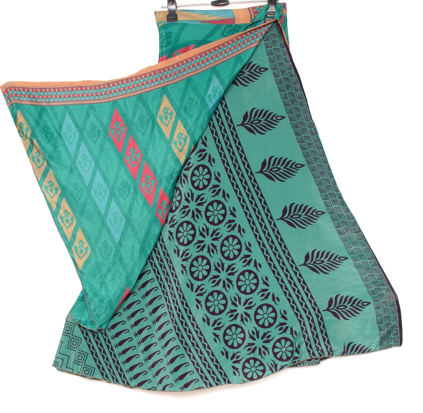 Sushila Vintage Teal Green Saree Magic Wrap Reversible Art Silk Skirt Beach Dress