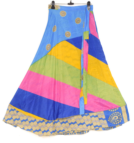Sushila Vintage Art Silk Saree Magic Wrap Reversible Multi-Color Skirt Beach Dress
