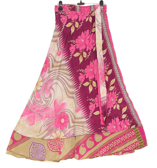 Sushila Vintage Pink Saree Magic Wrap Reversible Skirt Art Silk Beach Dress Hippie