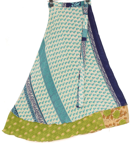 Sushila Vintage Floral Saree Magic Wrap Reversible Skirt Art Silk Green Beach Dress