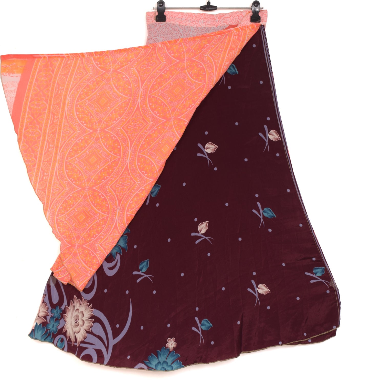 Sushila Vintage Dark Maroon Saree Magic Wrap Reversible Art Silk Skirt Beach Dress