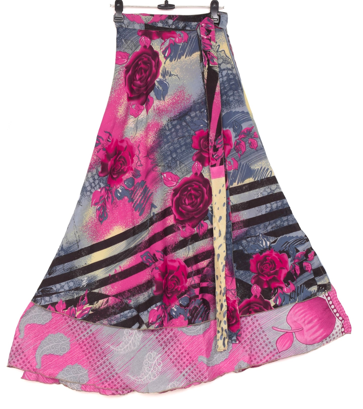Sushila Vintage Pink & Gray Saree Magic Wrap Reversible Art Silk Skirt Beach Dress