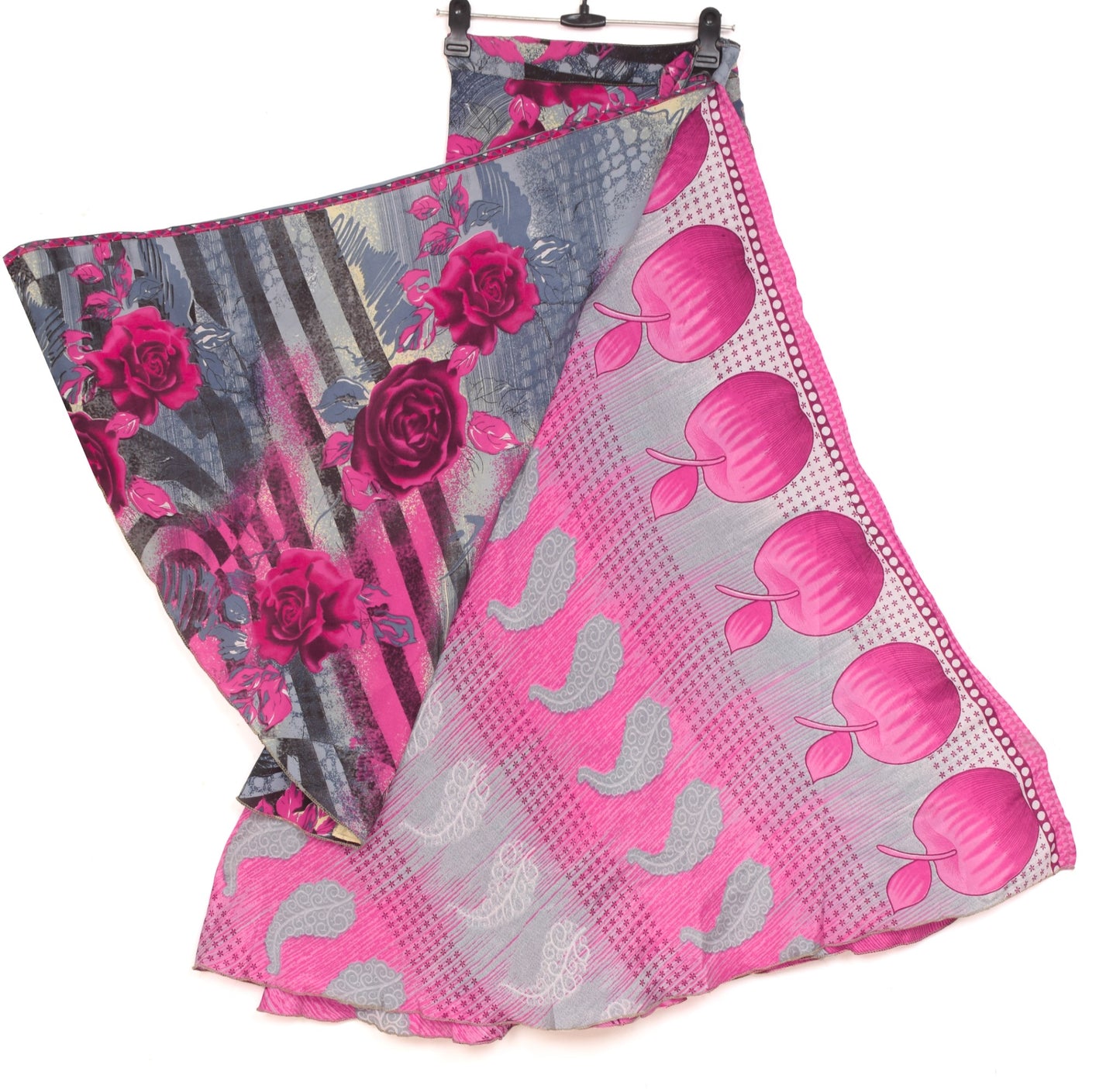 Sushila Vintage Pink & Gray Saree Magic Wrap Reversible Art Silk Skirt Beach Dress