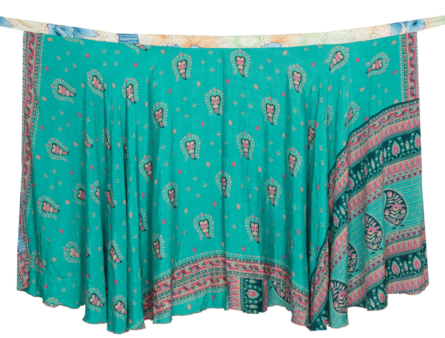 Sushila Vintage Art Silk Saree Magic Wrap Teal Green Reversible Skirt Beach Dress