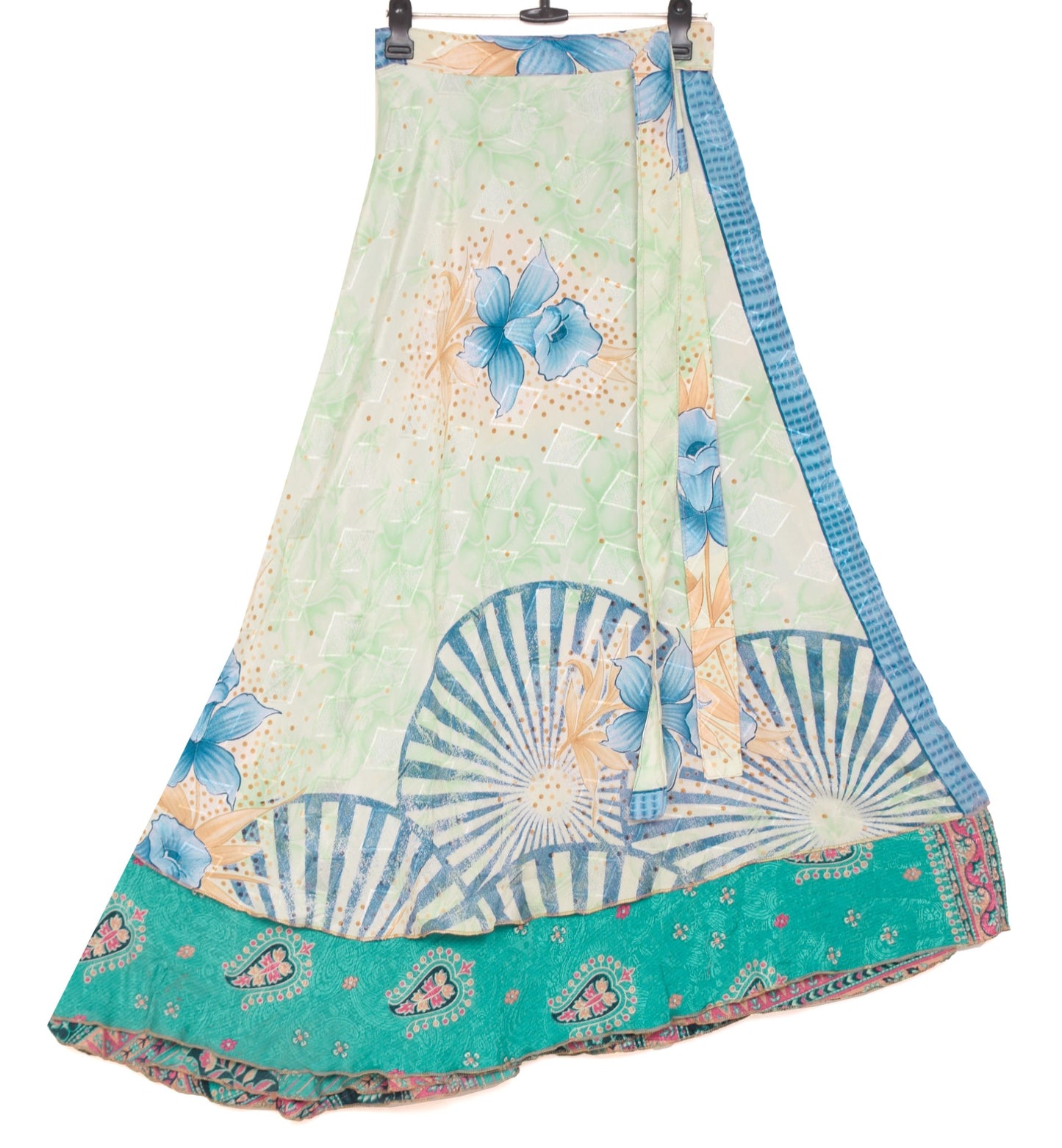 Sushila Vintage Art Silk Saree Magic Wrap Teal Green Reversible Skirt Beach Dress
